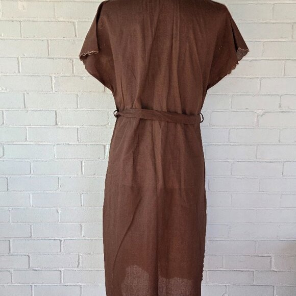 Vintage Chocolate Brown Embroidered Linen Shift Dress with Buttons & Tie Accent - Picture 12 of 13
